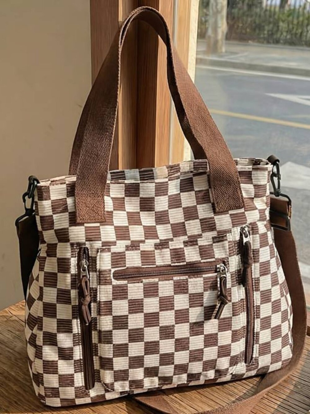 Checkerboard Corduroy Tote Bag Versatile Large Capacity Shoulder Crossbody - Picture 8 of 9